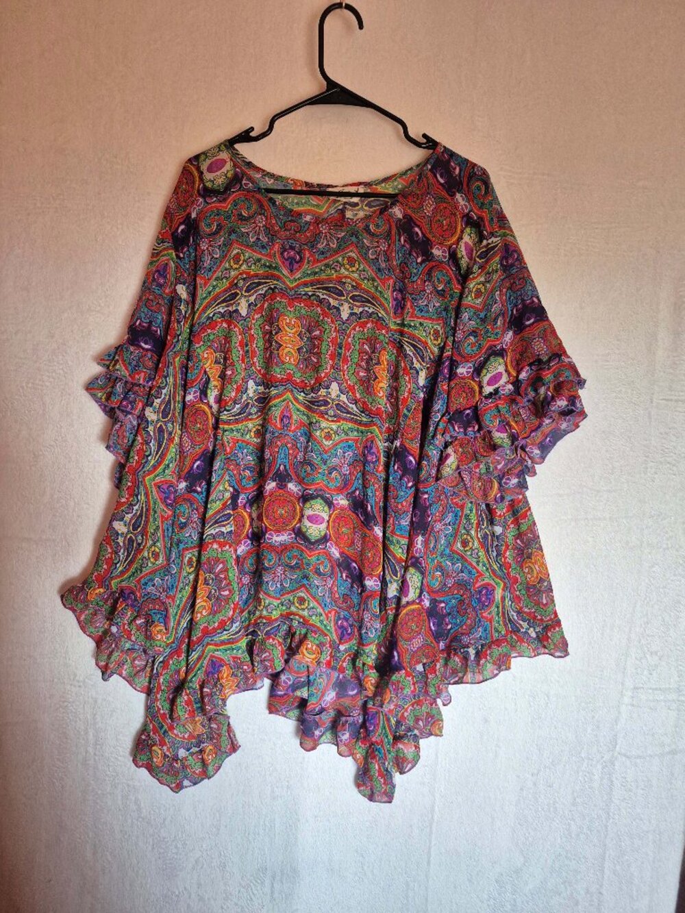 Jolene Boho Psychedelic Paisley Ruffle Blouse Top M/L 70s Festival Chiffon